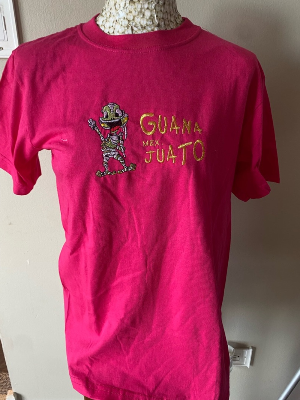 Vintage 90s Hot Pink Graphic Tee with Embroidered Mummy